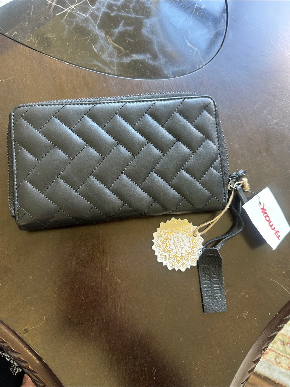 Quilted Herringbone Design Black Leather Wristlet Wallet Made in India